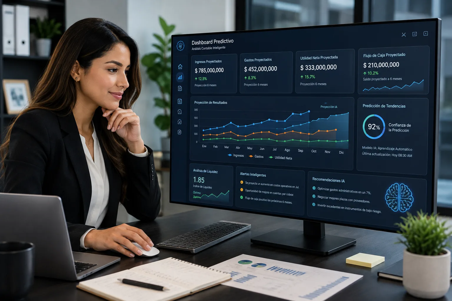 Contadora analizando un dashboard predictivo con proyecciones de ingresos, flujo de caja y recomendaciones de IA